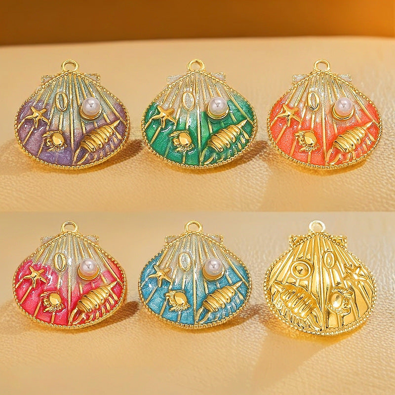 Vacuum-Plated Stainless Steel Gradient Enamel Seashell Pendant