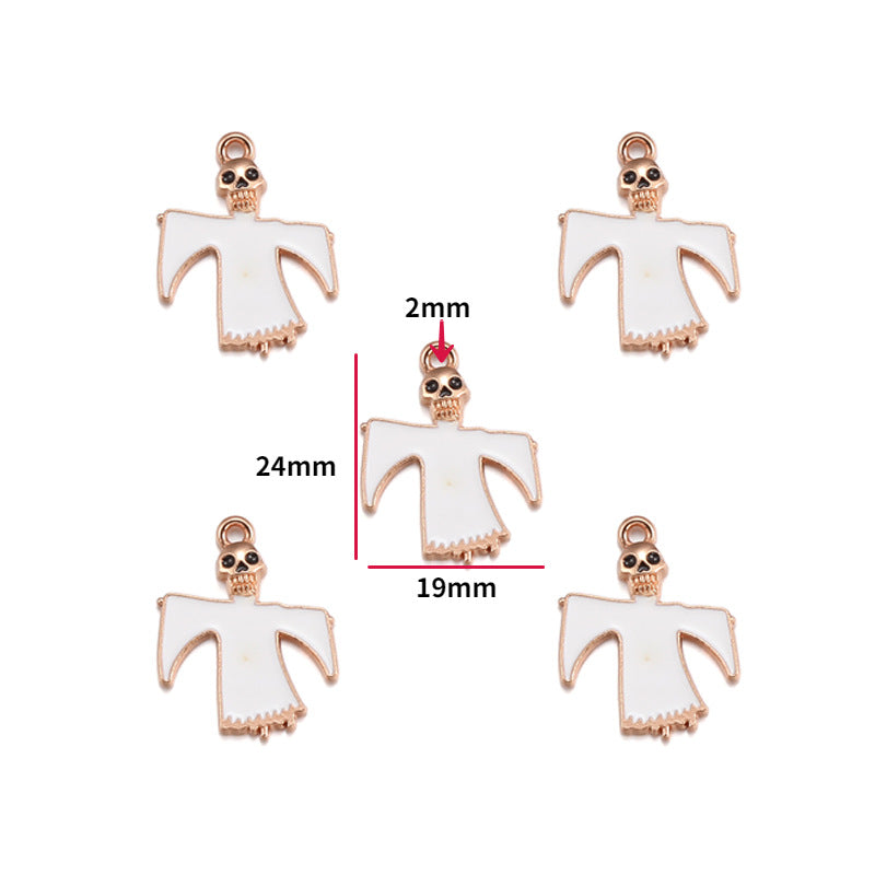 Five white and rose gold ghost-shaped charms with skull details are displayed on a white background, with one central charm annotated with dimensions of 24mm by 19mm and a 2mm loop size.