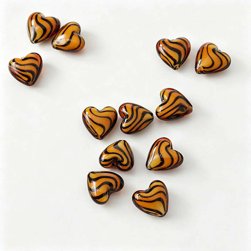 Vintage Tiger Pattern Heart Glazed Beads