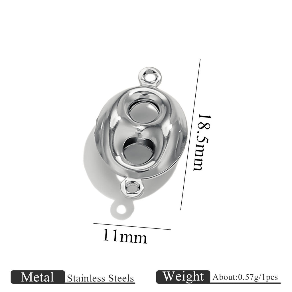 Stainless steel double-hole hollow pig nose connector charm with size dimensions on white background
