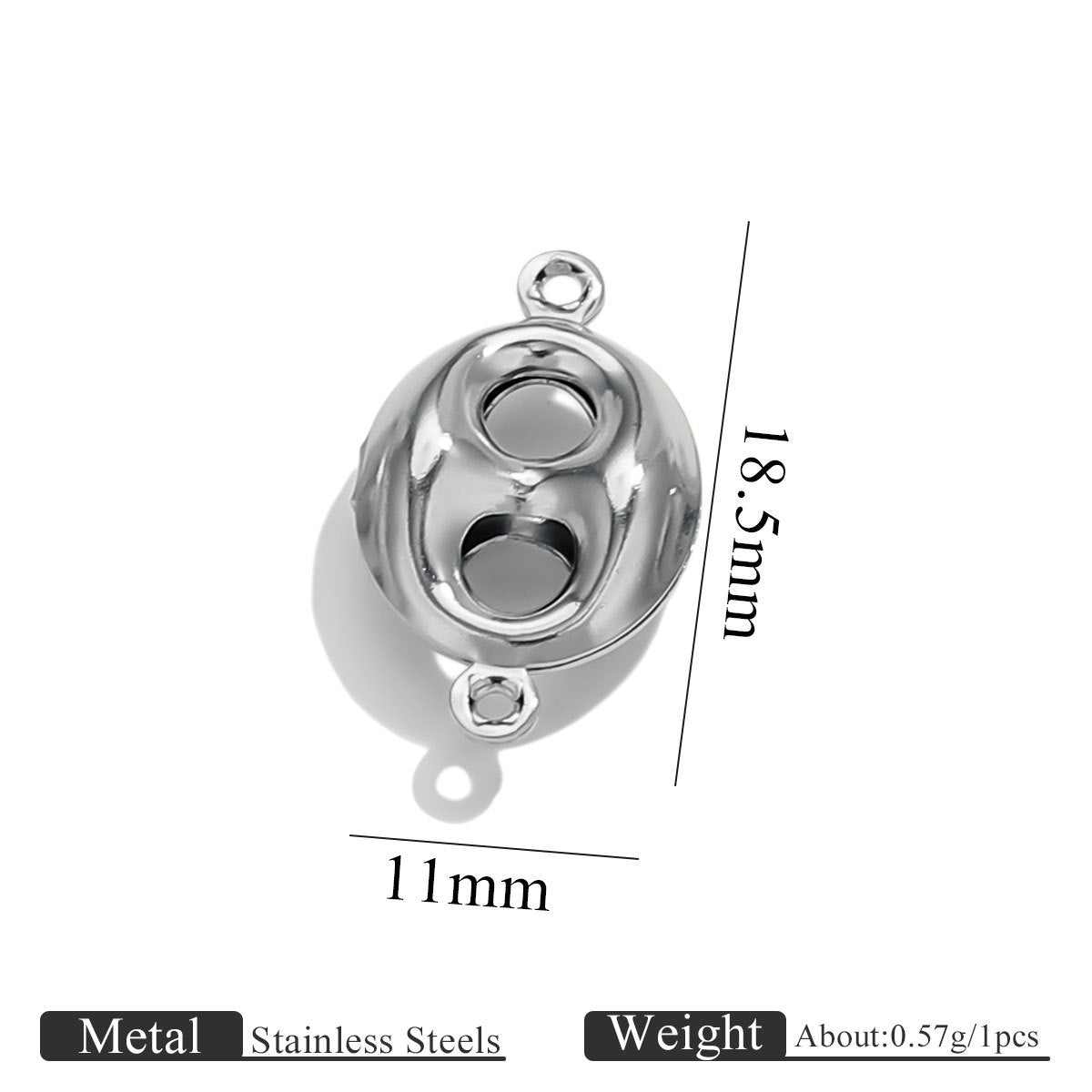 Stainless steel double-hole hollow pig nose connector charm with size dimensions on white background