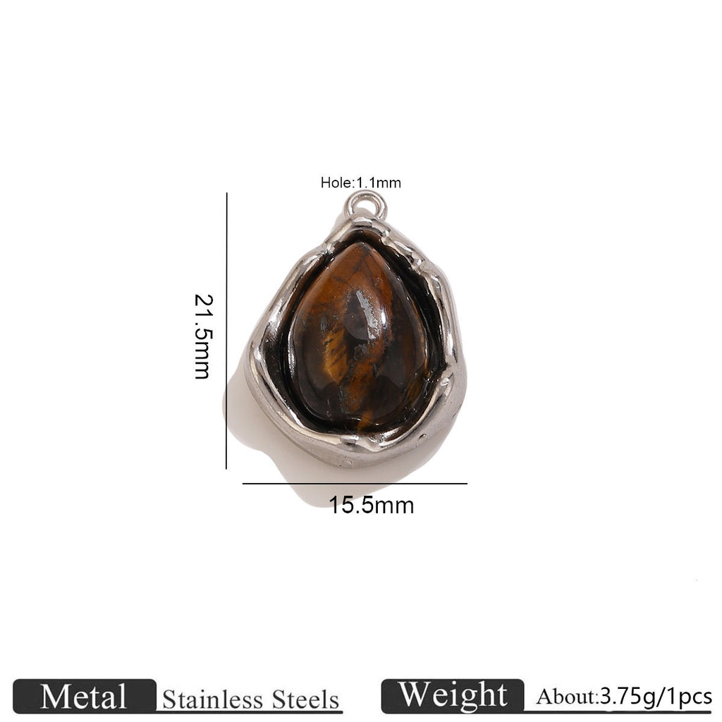 Silver-tone teardrop tiger's eye pendant with dimension lines showing 21.5mm height and 15.5mm width, on white background
