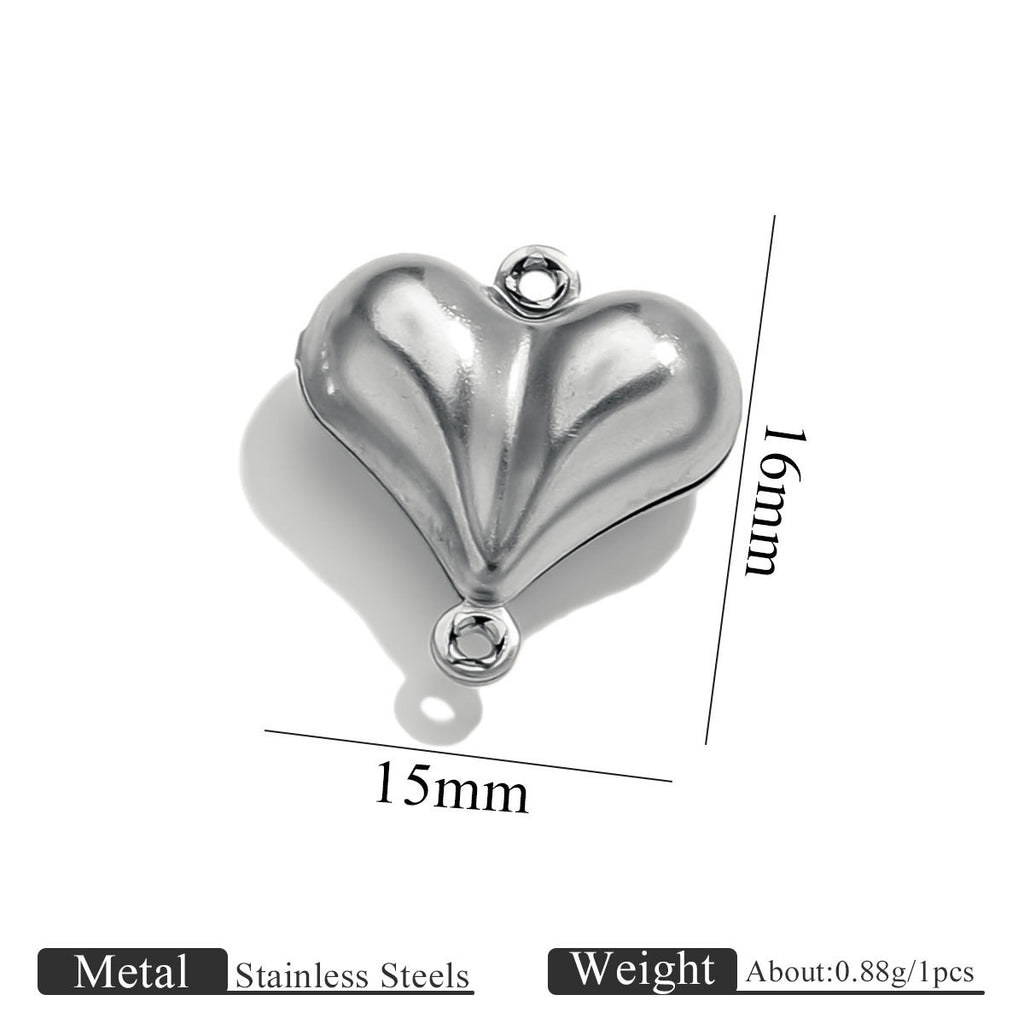 Stainless steel double-hole hollow peach heart connector charm with size dimensions on white background