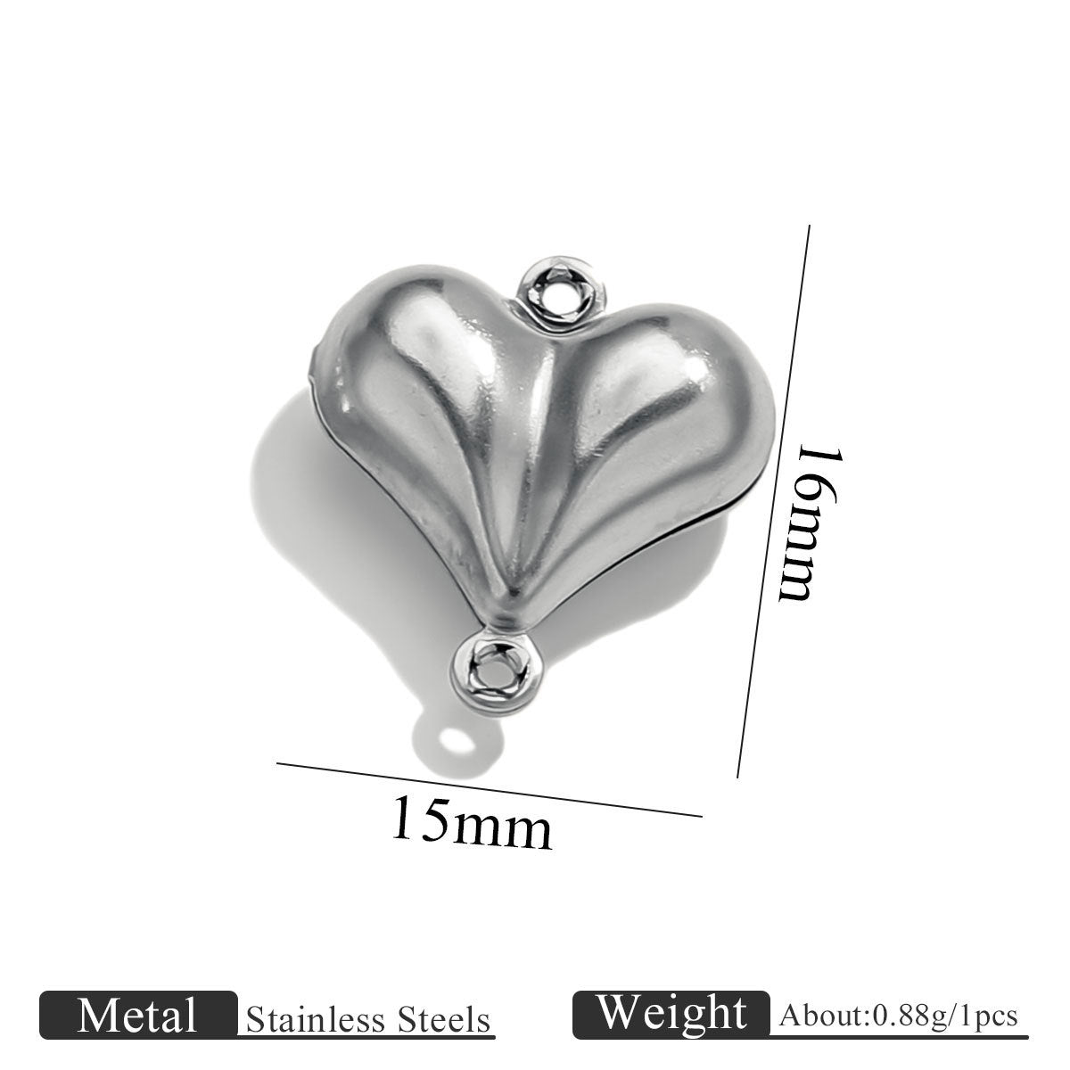 Stainless steel double-hole hollow peach heart connector charm with size dimensions on white background