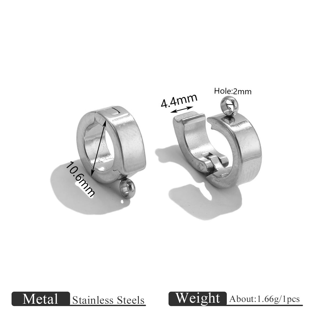 Two silver open-ring connector clasps with measurement labels