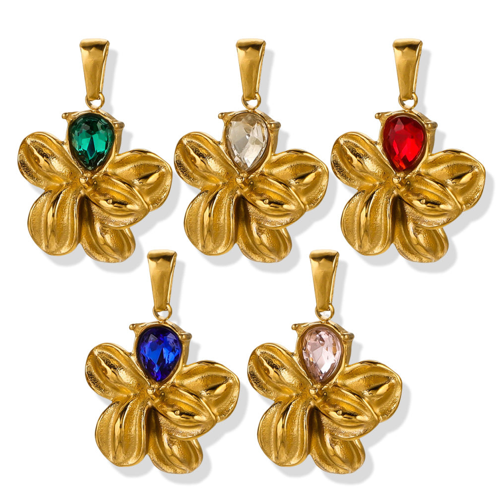 Vintage Stainless Steel Crystal Flower Pendant 2pcs