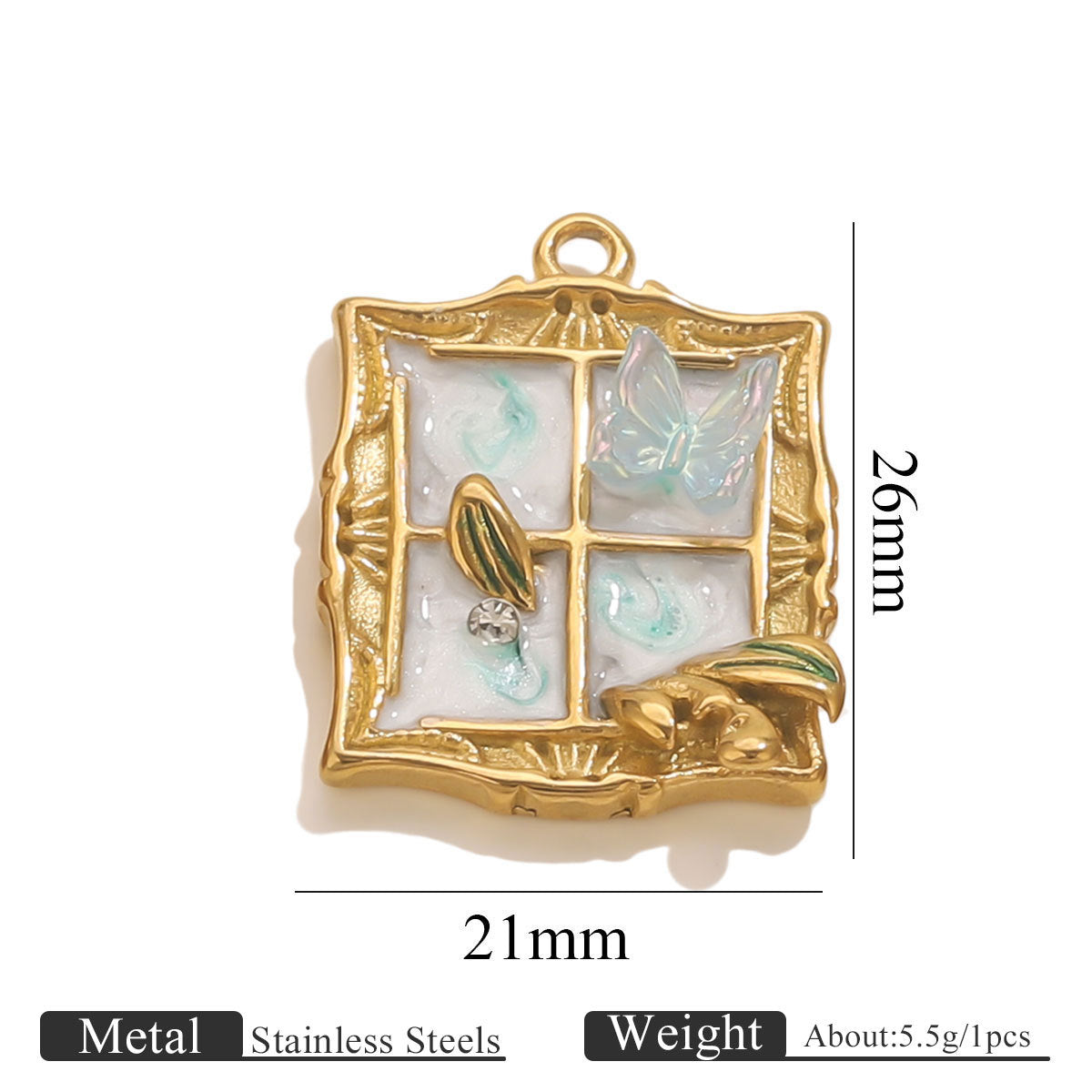 Stainless Steel Enamel Floral Faux Pearl Pendant Charm