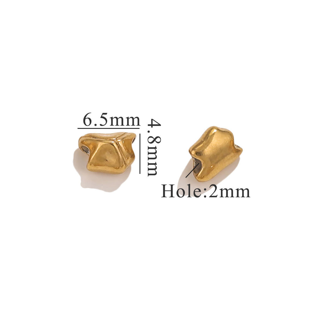 Gold baroque irregular spacer beads with size measurements on white background