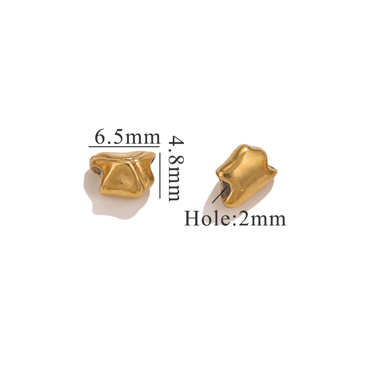 Gold baroque irregular spacer beads with size measurements on white background