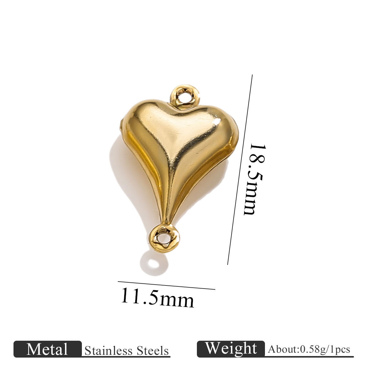 Gold-plated stainless steel double-hole hollow long peach heart connector charm with size dimensions on white background