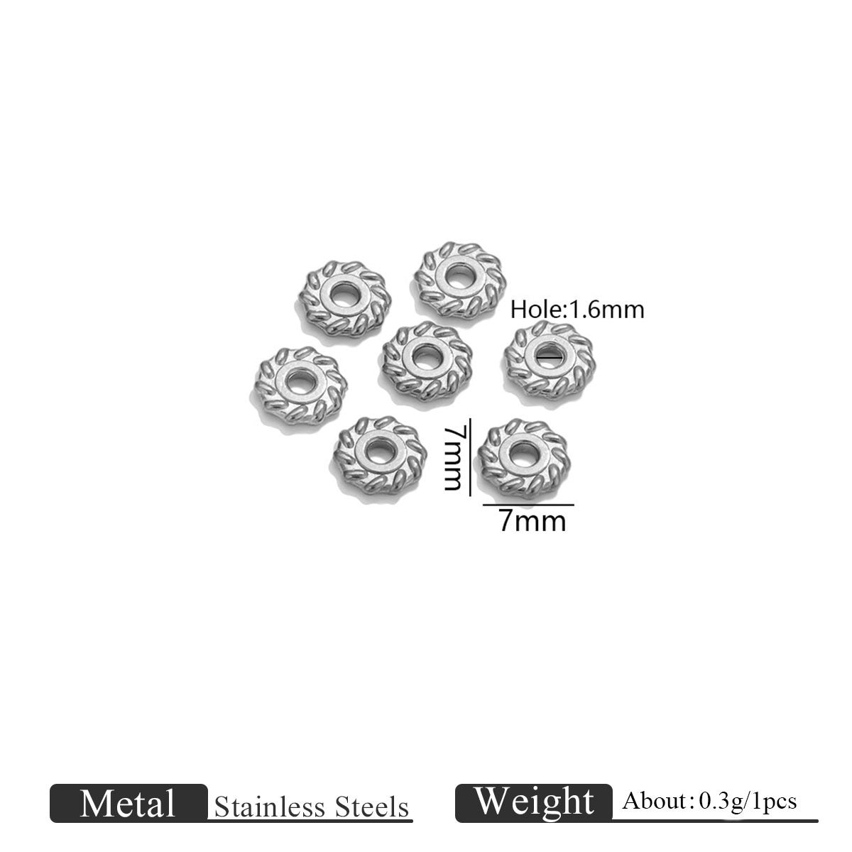 Seven silver stainless steel twisted wheel spacer beads with dimension labels showing 7mm size and 1.6mm hole