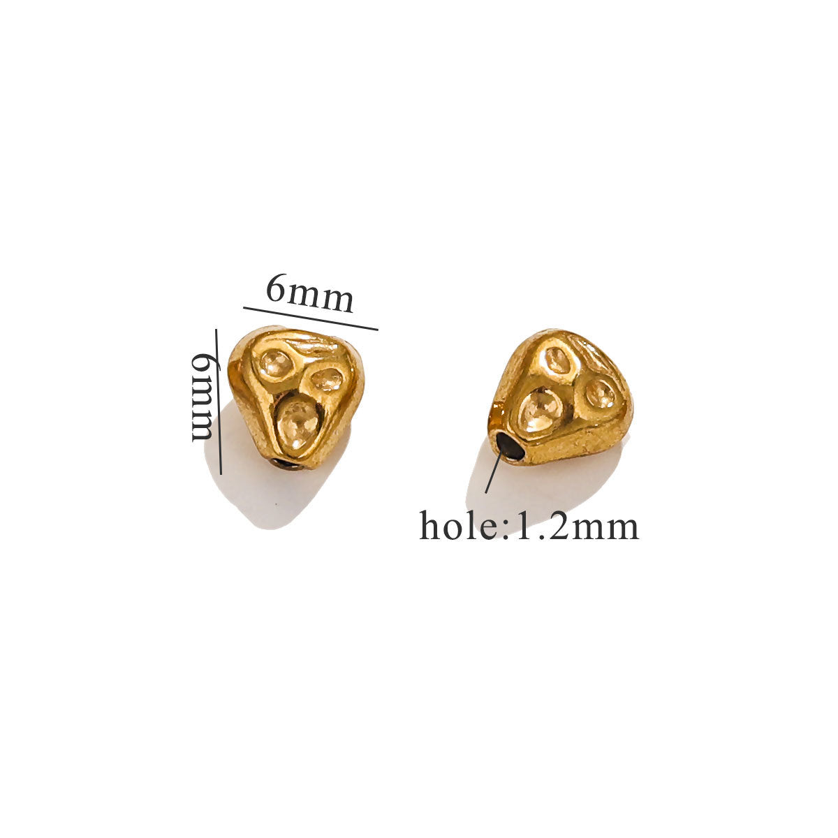 Gold baroque irregular spacer beads with size measurements on white background