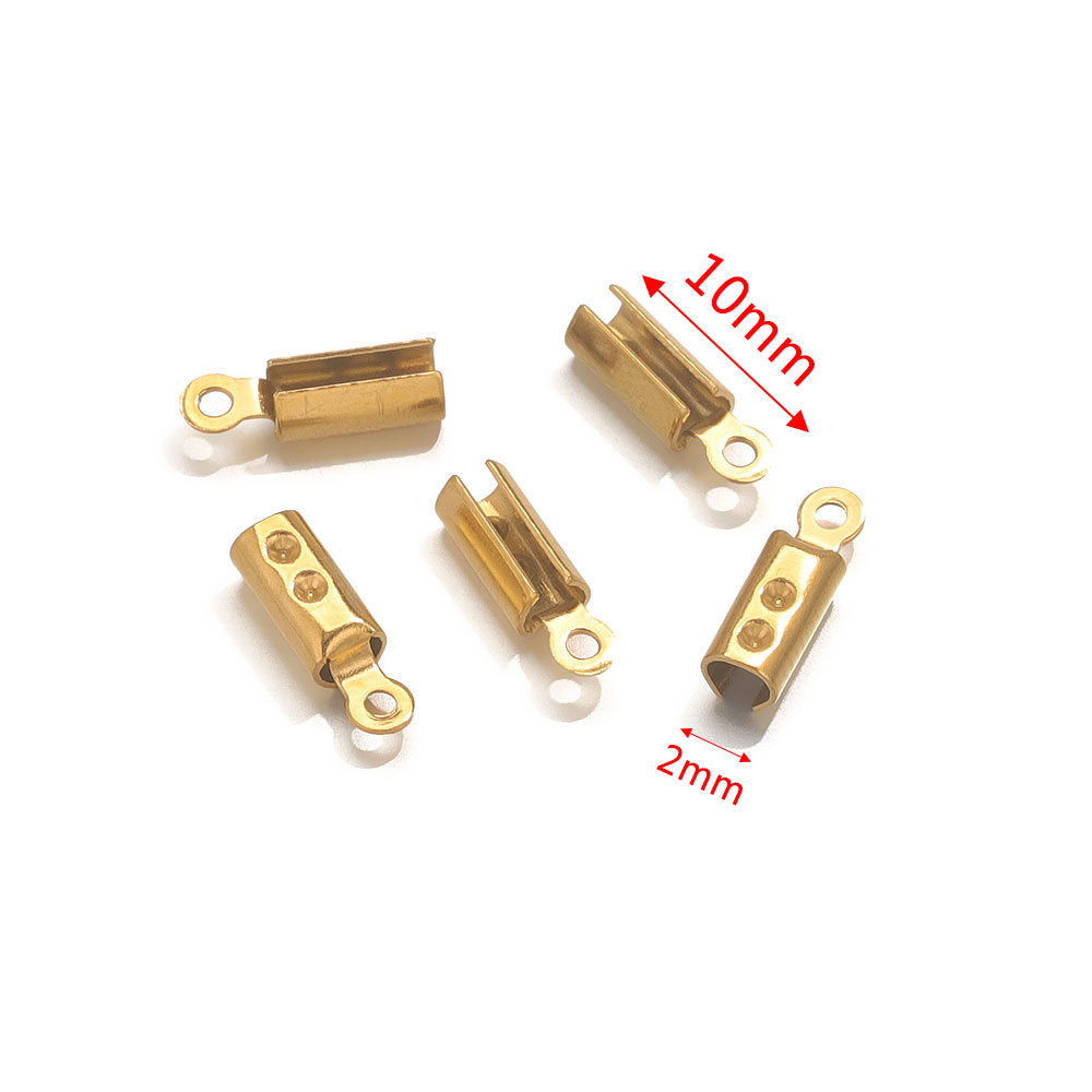 Five gold-tone barrel cord-end connectors with loop ends on white, annotated with 10mm length and 2mm width
