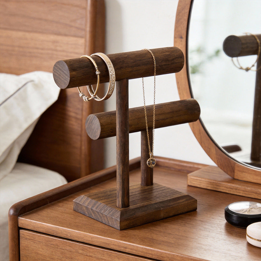 Vintage Solid Wood Double-Tier Bracelet Display Stand – Rustic Wooden Jewelry Organizer for Watches, Necklaces & Bracelets