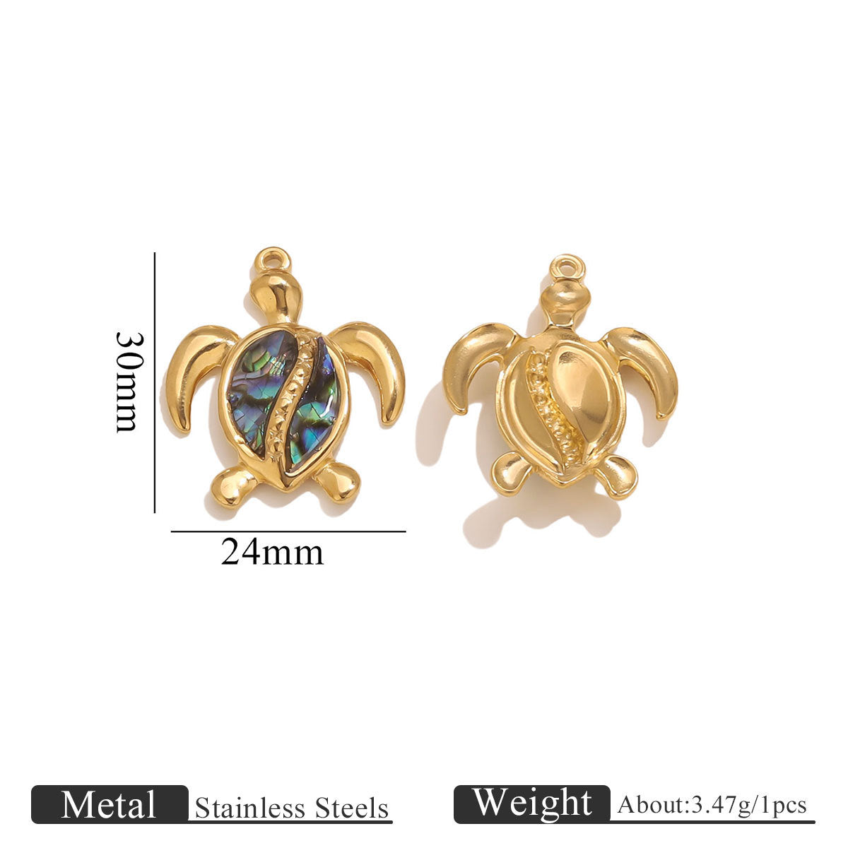 Gold turtle pendant charms with abalone inlay and size markings
