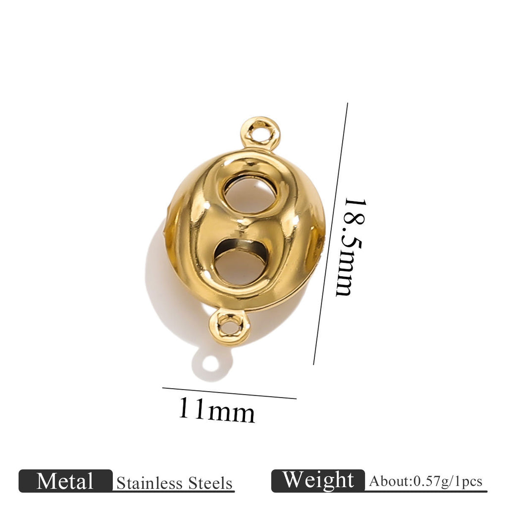 Gold-plated stainless steel double-hole hollow pig nose connector charm, 18.5mm by 11mm, on white background