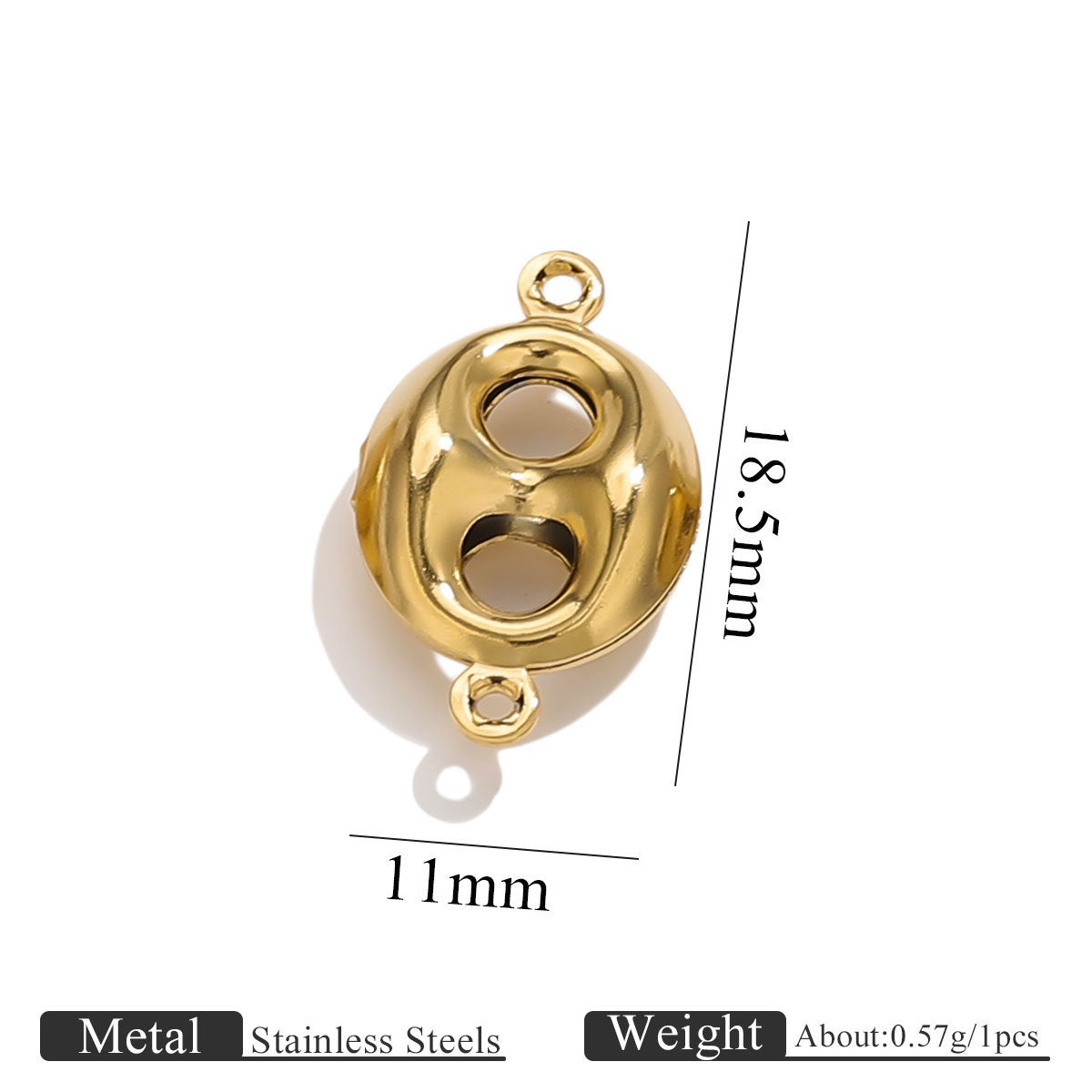 Gold-plated stainless steel double-hole hollow pig nose connector charm, 18.5mm by 11mm, on white background