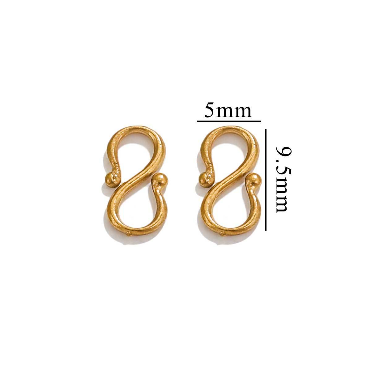 Two gold S-shaped hook clasps with 5mm by 9.5mm measurements on a white background.