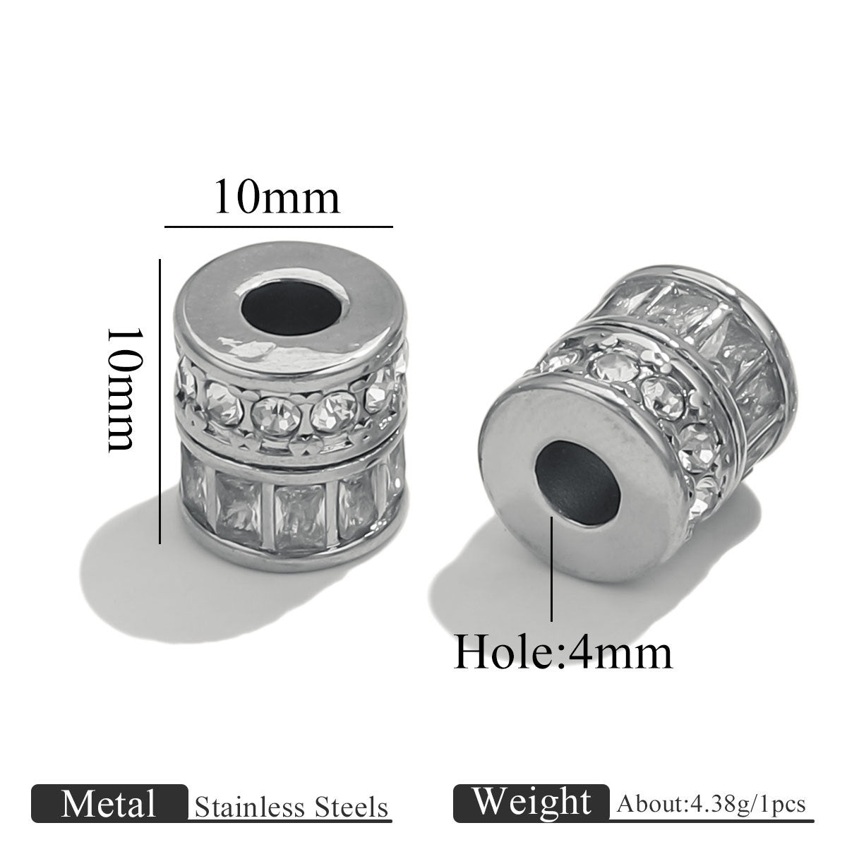 Two silver-toned cylindrical bead spacers with clear rhinestones, shown on a white background with dimension labels indicating 10mm width and 4mm hole, plus text noting stainless steel material and about 4.38g per piece.