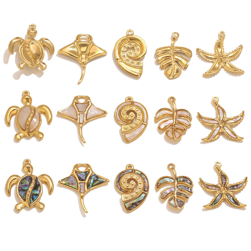 Gold ocean charm pendants with white shell and abalone inlay