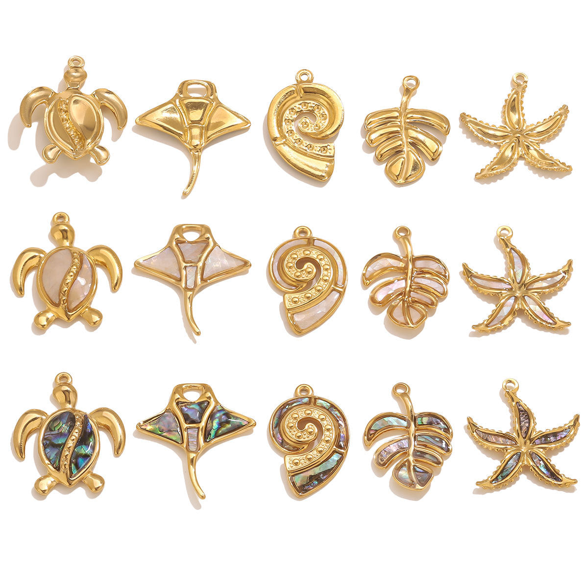 Gold ocean charm pendants with white shell and abalone inlay