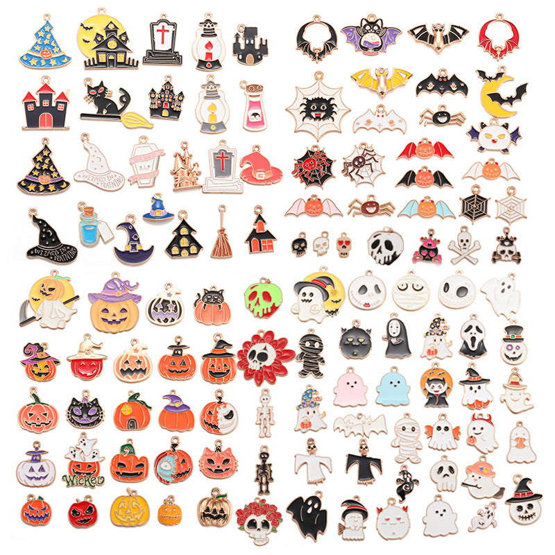 A large assortment of Halloween-themed enamel charms and pendants arranged in a grid on a white background, including pumpkins, ghosts, bats, haunted houses, witches, skeletons, and spooky icons.