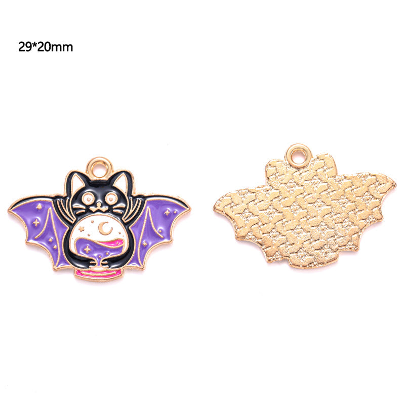 Two bat-shaped charms with purple wings and cat face, front and back, 29 by 20mm