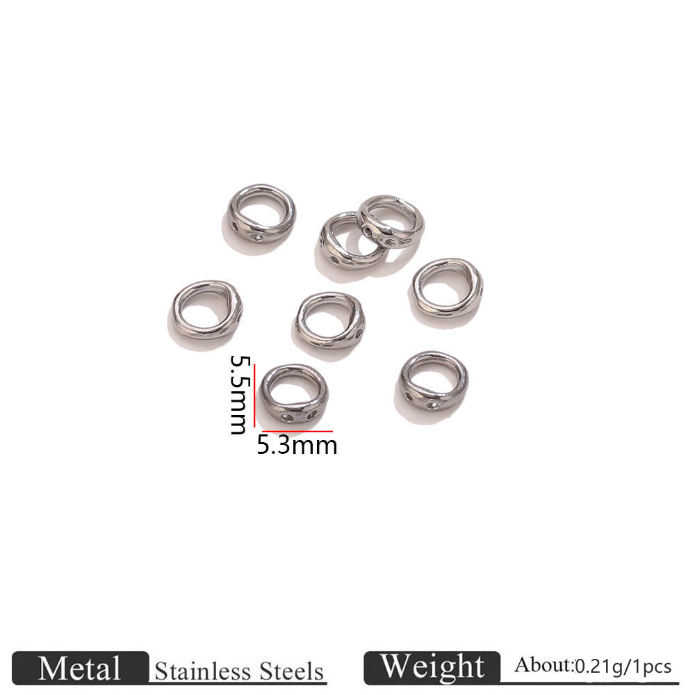 Seven steel color stainless steel double-ring spacer connectors on white background with 5.5mm dimensions