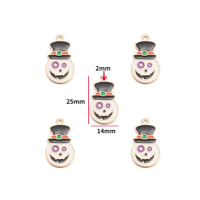 Five white enamel snowman charms with black top hats and purple eyes, 25x14mm