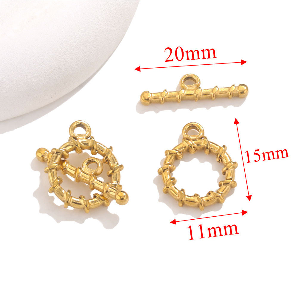 Gold bamboo-style toggle clasps with red dimension arrows showing 20mm, 15mm, and 11mm on white background