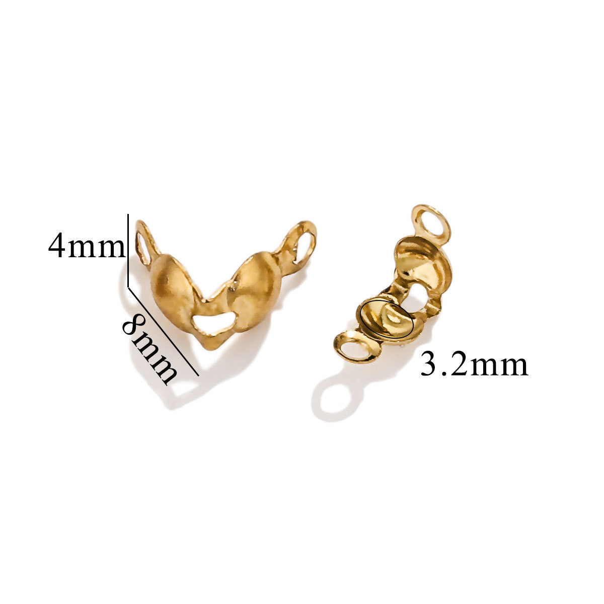 Two gold-toned ball chain connector clasps on white background with measurement labels showing 4mm, 8mm, 3.2mm
