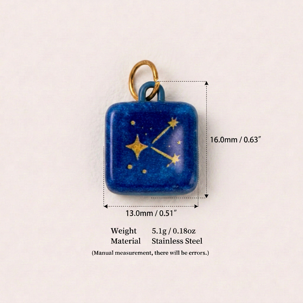 Square blue pendant charm with gold star constellation, shown with size measurements.