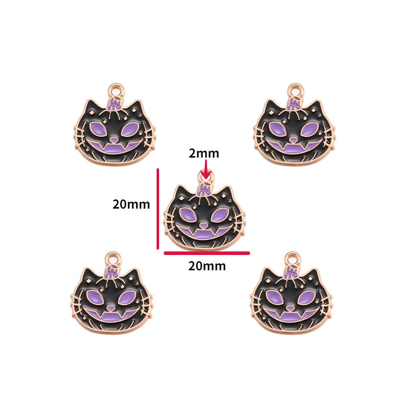 Five black cat-face enamel charms with purple accents and rose gold borders, 20x20mm