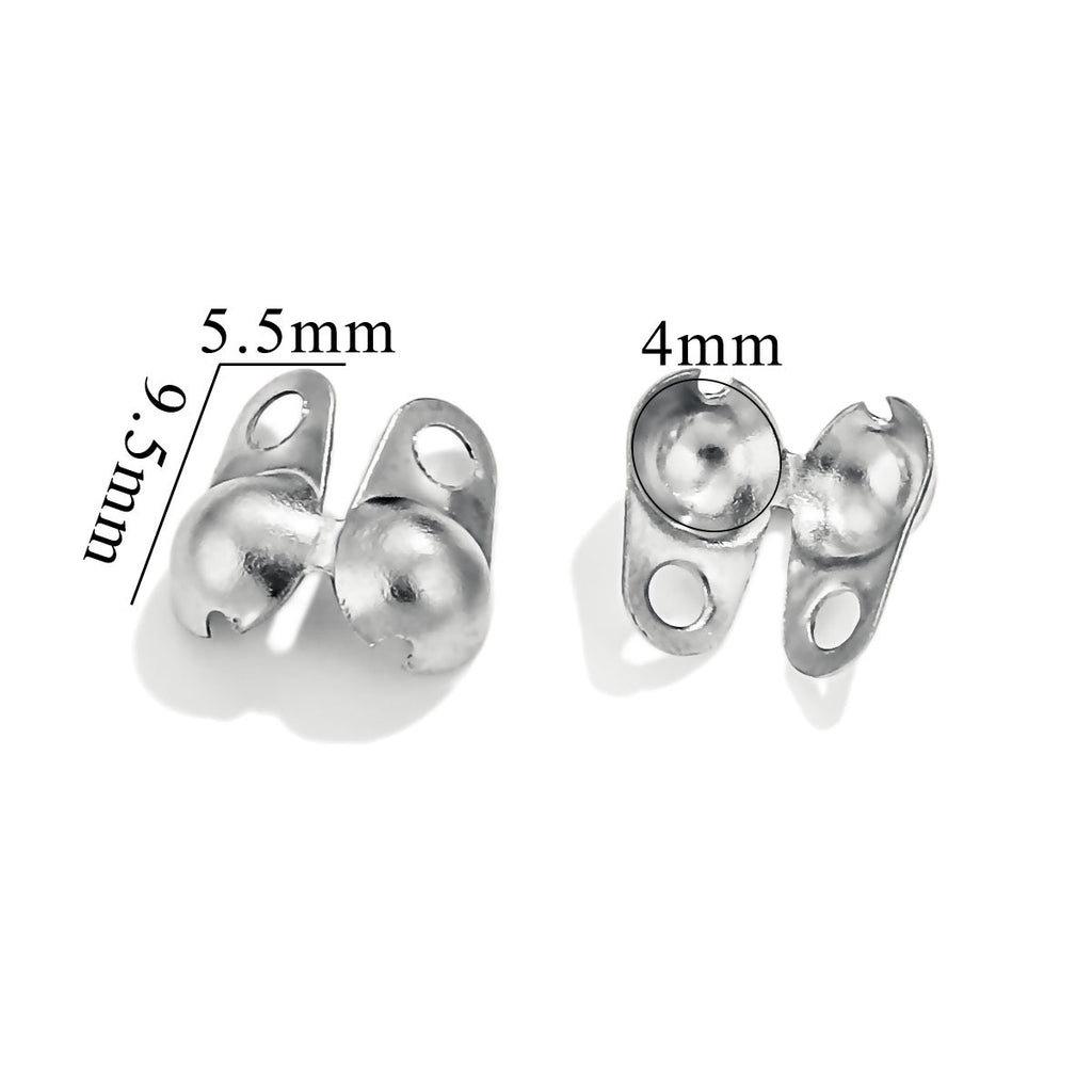 Two silver ball chain connector clasps on white background with dimensions labeled 9.5mm, 5.5mm, 4mm