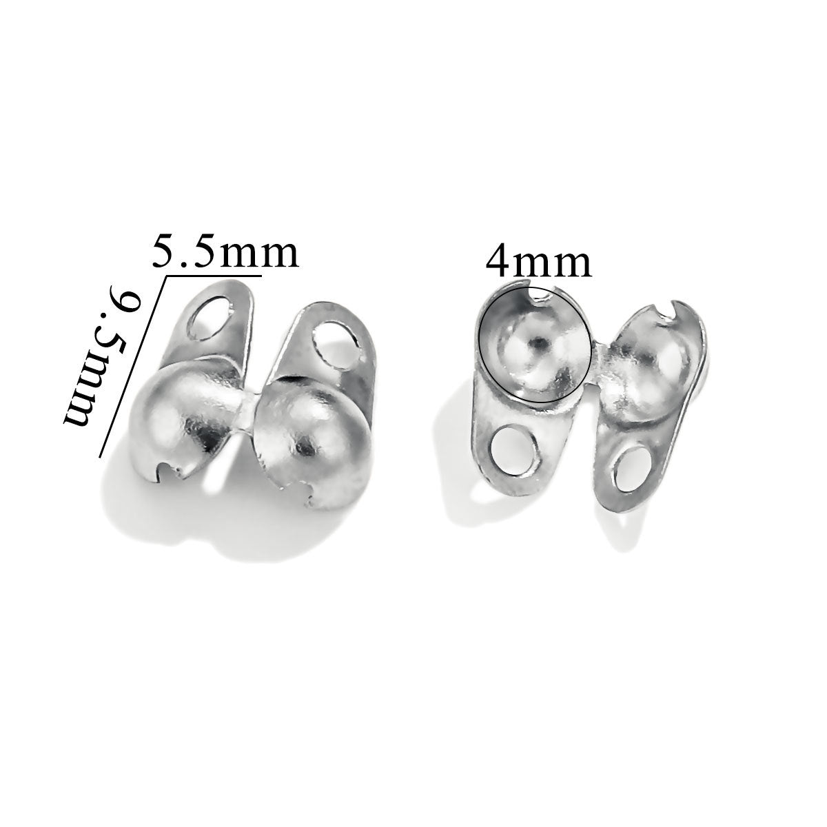 Two silver ball chain connector clasps on white background with dimensions labeled 9.5mm, 5.5mm, 4mm