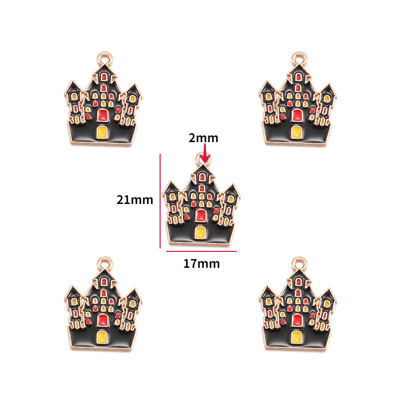 Five haunted house enamel charms with yellow windows, red doors, and gold-tone borders, 21mm by 17mm