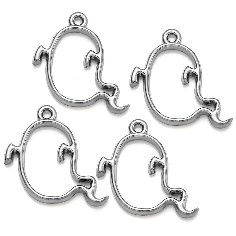 Four silver metal ghost-shaped charms with hanging loops on a white background