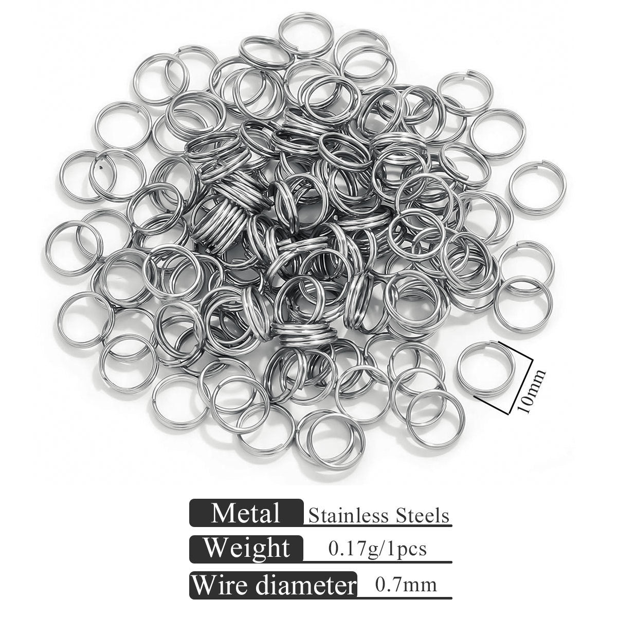 Small stainless steel jump rings on white with material specification text