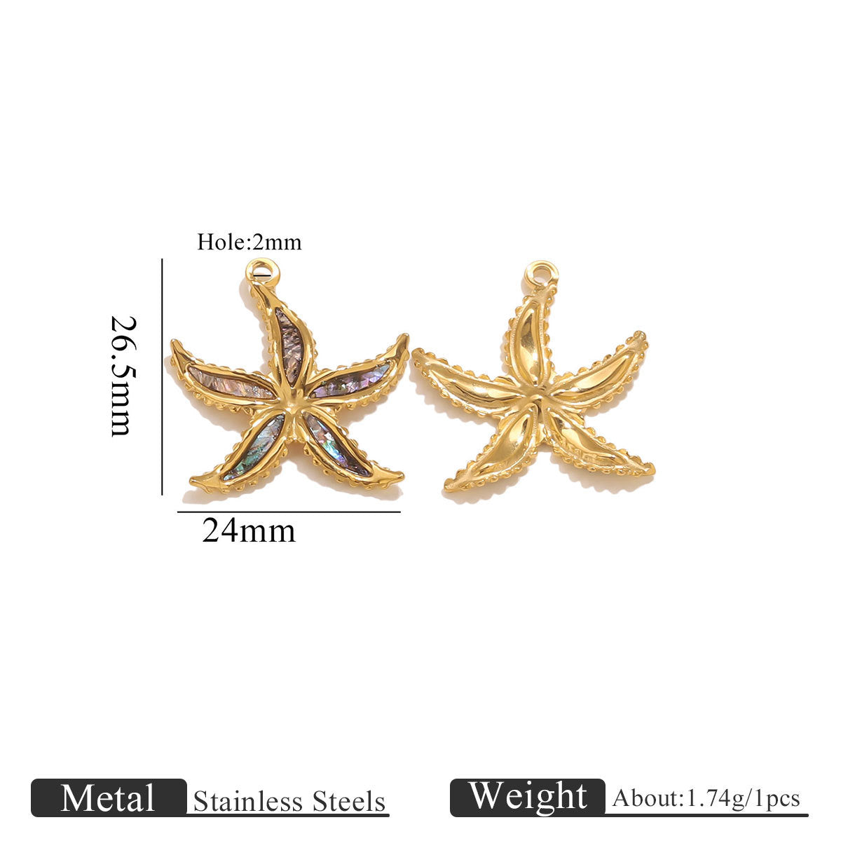 Gold starfish-shaped pendants with measurements on a white background