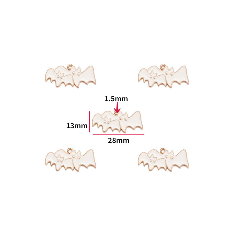 Bat-shaped jewelry charms shown on a white background, with one central charm annotated with dimensions 13mm, 28mm, and 1.5mm, plus four smaller charms around it.