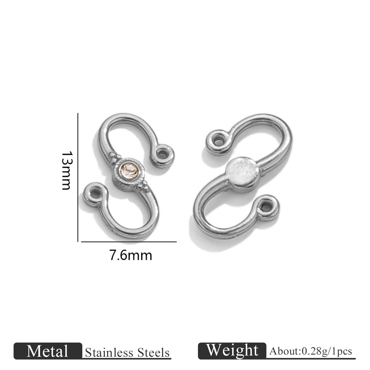 Two silver stainless steel S-hook clasps with clear stone, front and back views with 13mm by 7.6mm dimensions