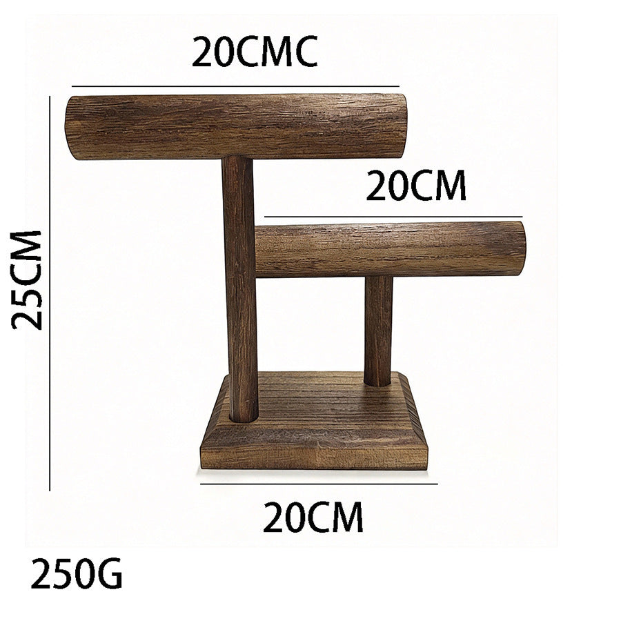 Vintage Solid Wood Double-Tier Bracelet Display Stand – Rustic Wooden Jewelry Organizer for Watches, Necklaces & Bracelets