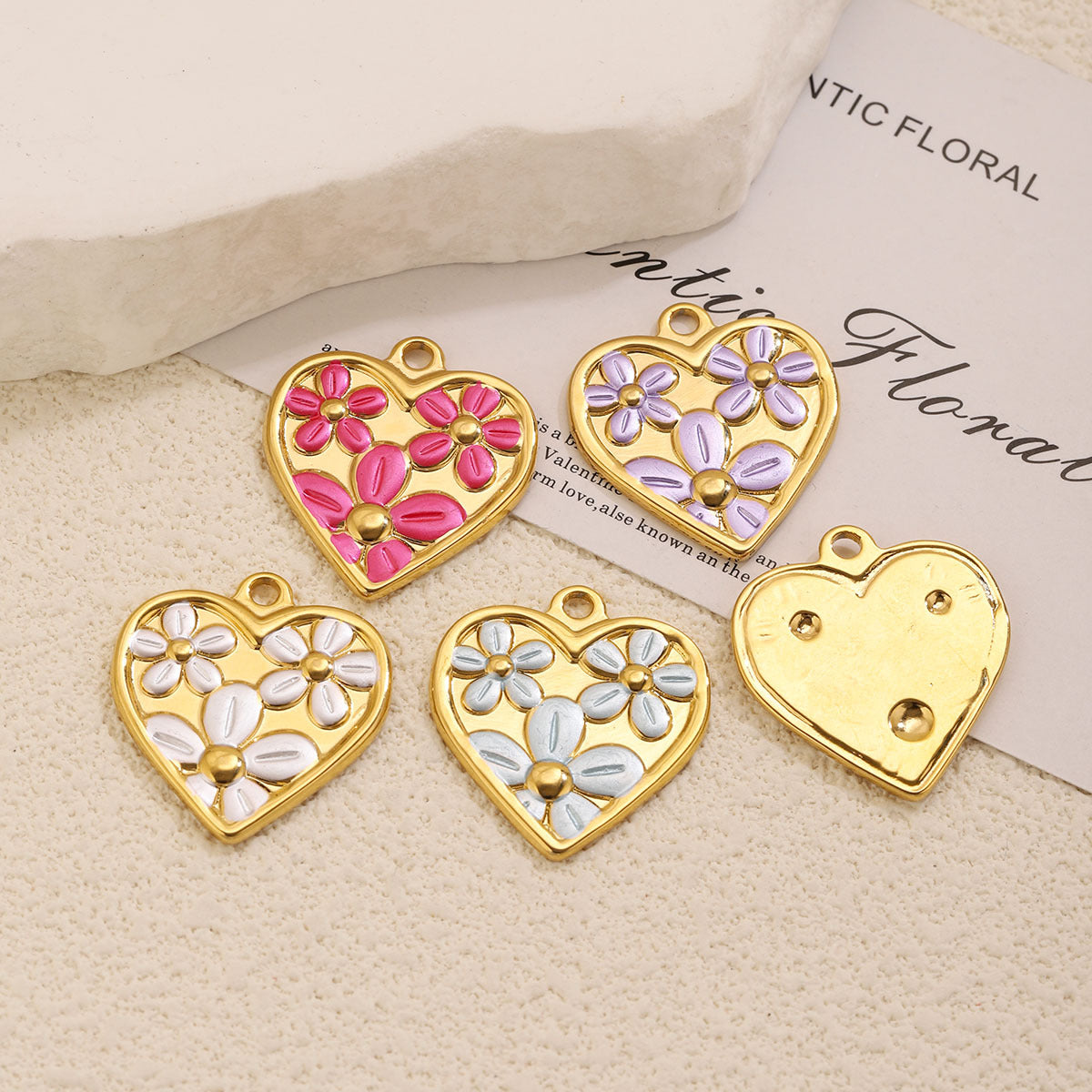 Enamel Heart Flower Charms