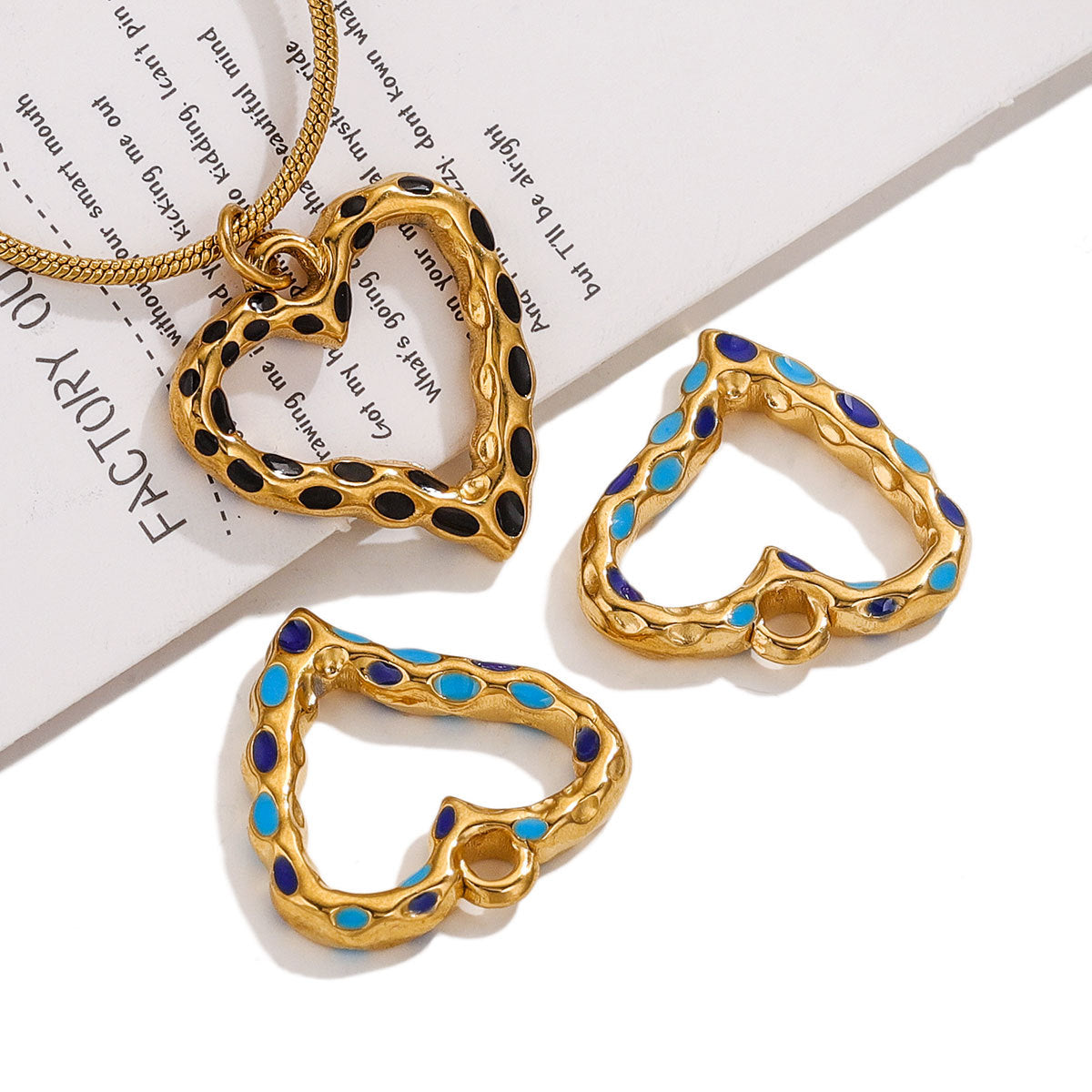 Stainless Steel Spotted Enamel Heart Pendant Charms 5pcs