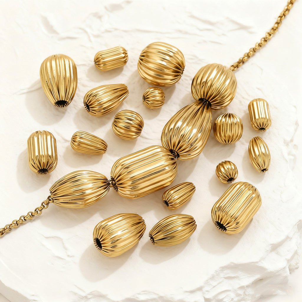 18K Gold-Plated Stainless Steel Ribbed Teardrop Spacer Beads 10pcs