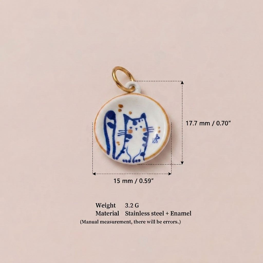 Round enamel pendant charm with blue cat illustration, shown with size measurements.