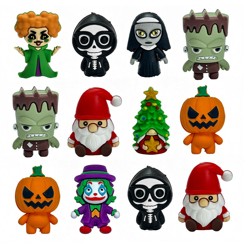 Twelve Halloween silicone focal beads in a grid: witch, skeleton, Frankenstein, Santa, pumpkin, clown, and Christmas tree