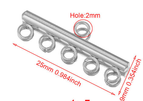 Silver connector bar with five rings, technical diagram showing 25mm length, 9mm width, 2mm hole