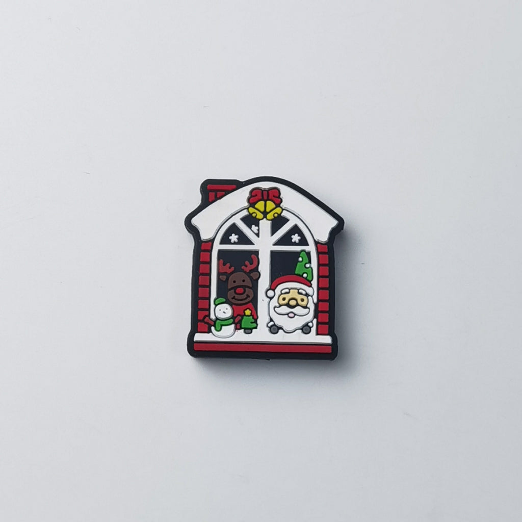 House-shaped window silicone focal bead with Santa Claus, reindeer, snowman, Christmas tree and yellow bell