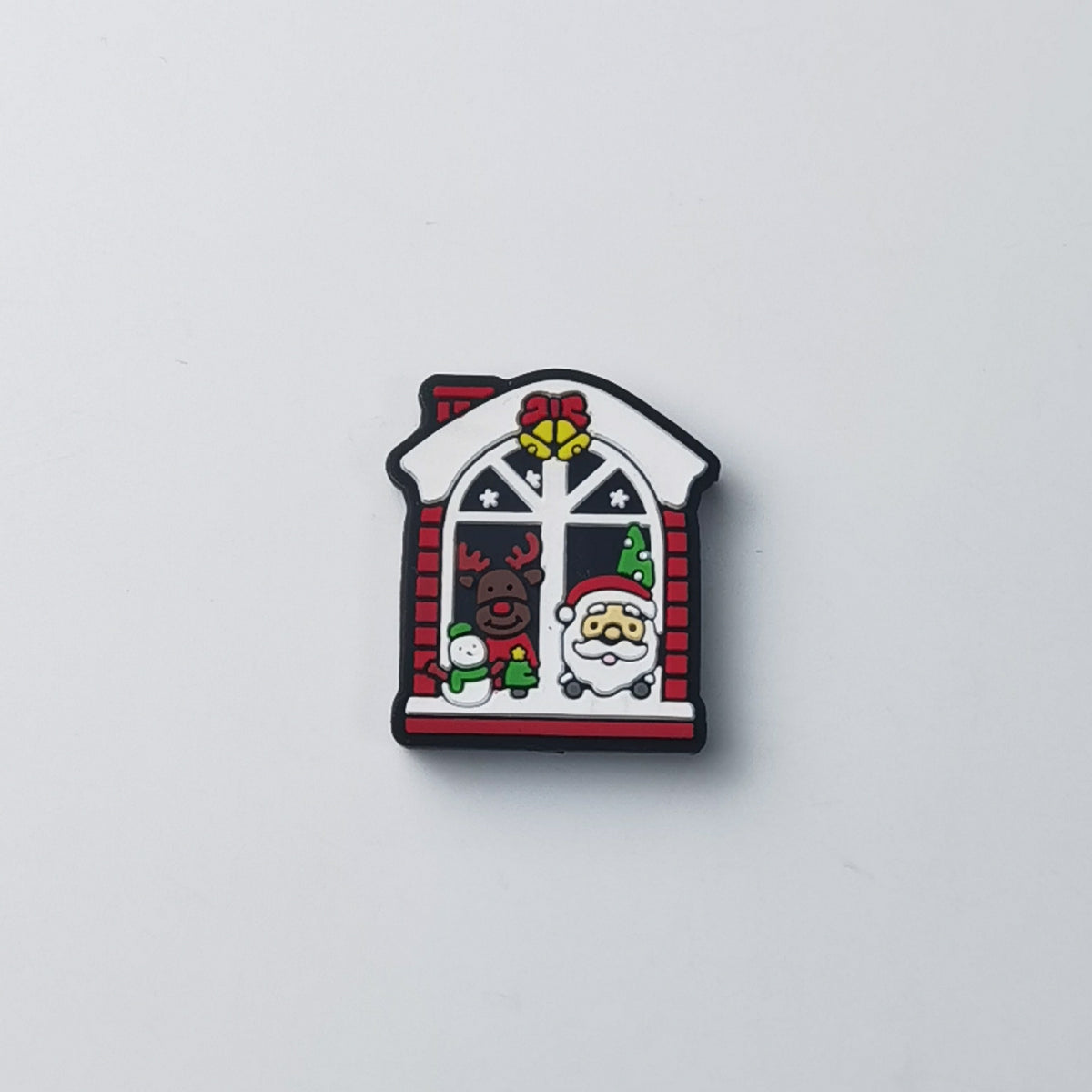 House-shaped window silicone focal bead with Santa Claus, reindeer, snowman, Christmas tree and yellow bell
